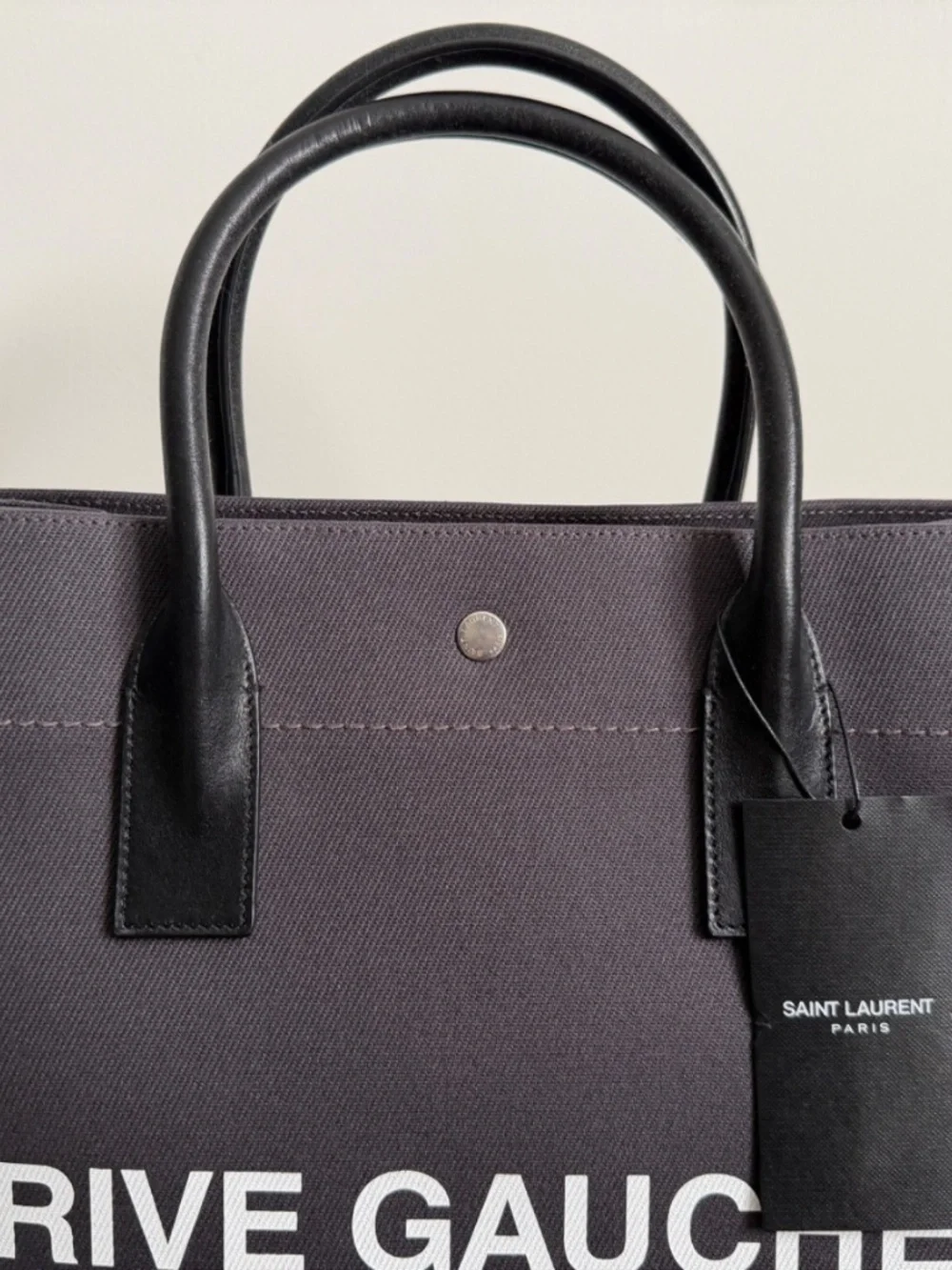 Saint Laurent YSL Rive Gauche Gray Canvas Logo Black Leather Tote Bag - Picture 3 of 16